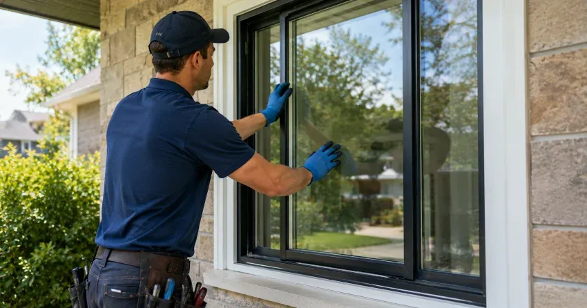technician measuring a broken window pane for replacement in Bronte Meadows, Milton