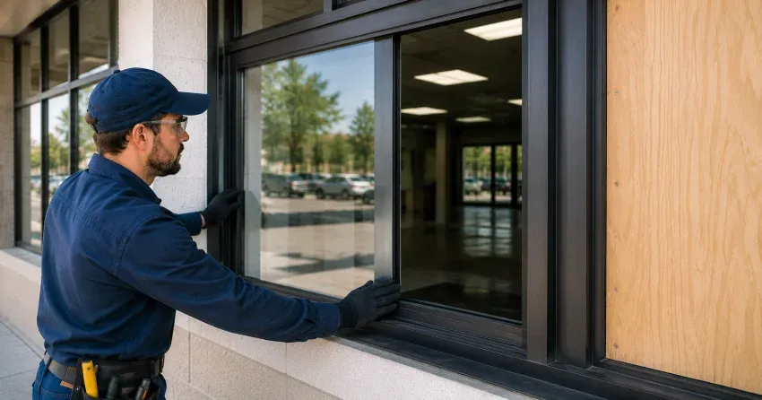 technician boarding a broken window after a break-in in Bronte Meadows, Milton
