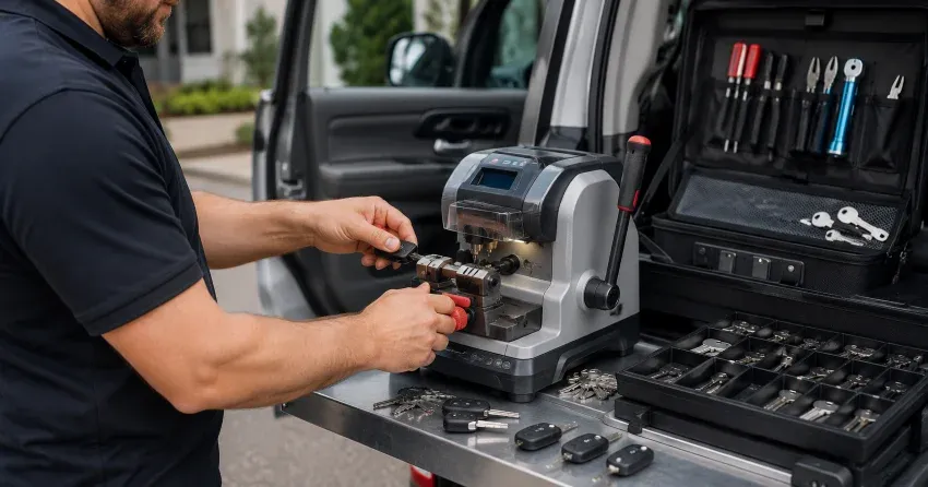 technician cutting a replacement car door lock key in Scott, Milton