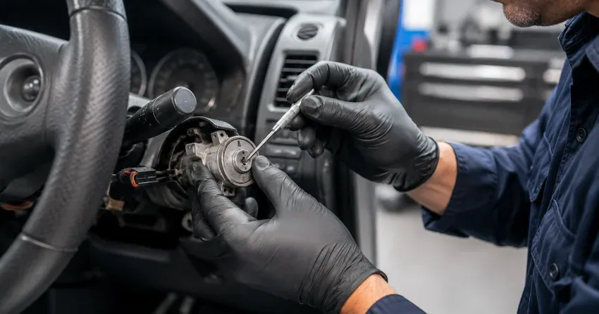 technician diagnosing an ignition lock repair issue in Scott, Milton