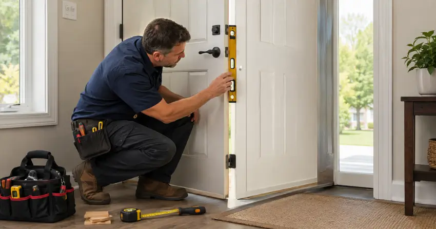 technician diagnosing a misaligned door frame in Old Milton, Milton
