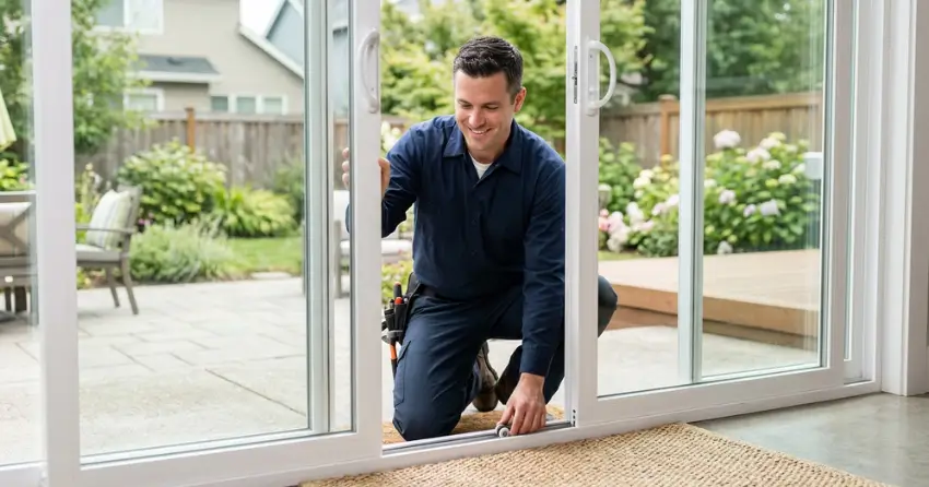 technician diagnosing a sticking patio door in Fallingbrook, Milton
