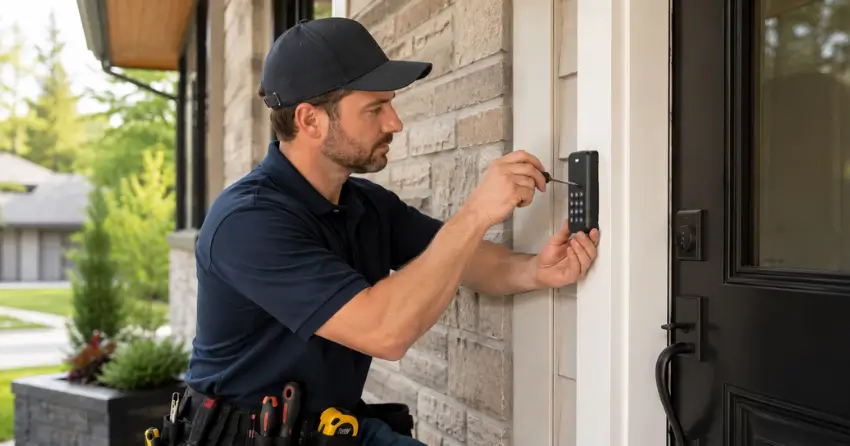 Technician installing an access control system keypad beside a residential front door in Esquesing, Milton