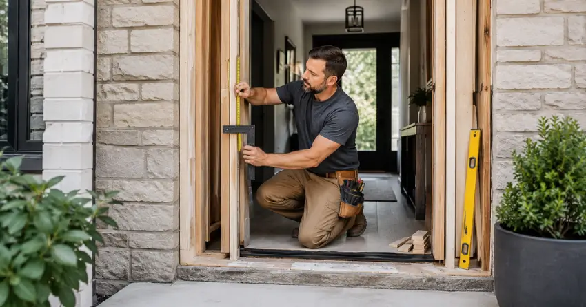 exterior door installer assessing rough opening in Scott, Milton