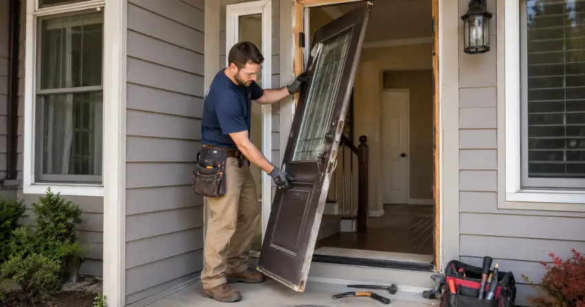 old exterior door being removed for replacement in Bronte Meadows, Milton