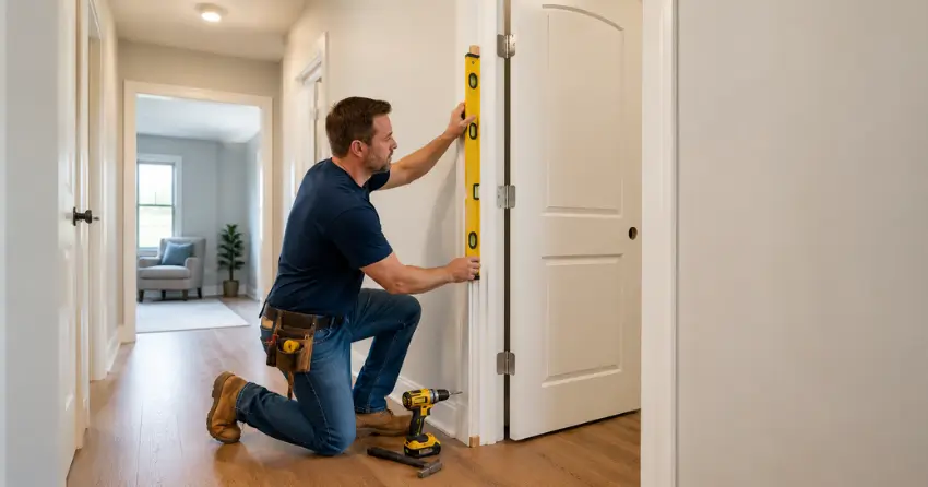 technician installing a pre-hung interior door in a home hallway Moffat, Milton