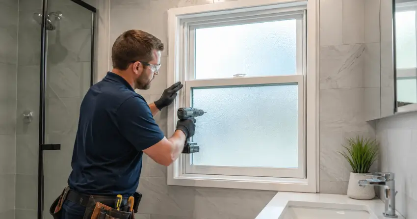 frosted glass installation bathroom window in Bronte Meadows, Milton