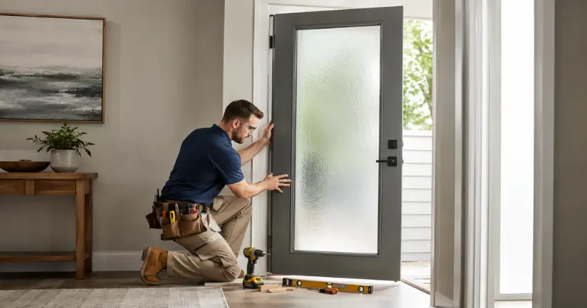 glass panel door installation with frosted privacy glass in residential setting in Esquesing, Milton