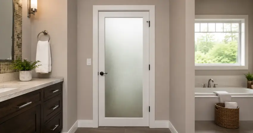 frosted glass panel bathroom door installed in a Milton home