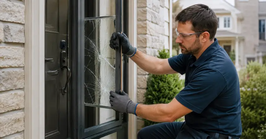 technician removing cracked storm door glass panel in Drumquin, Milton