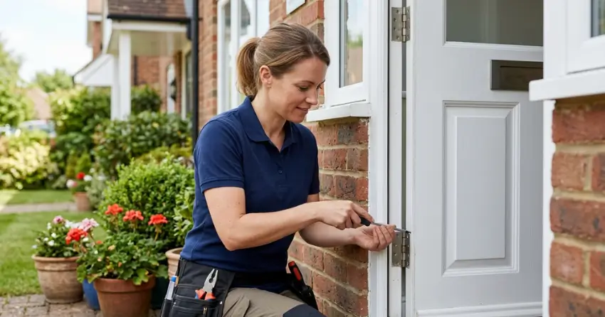 technician repairing exterior door hinge and frame in Milton