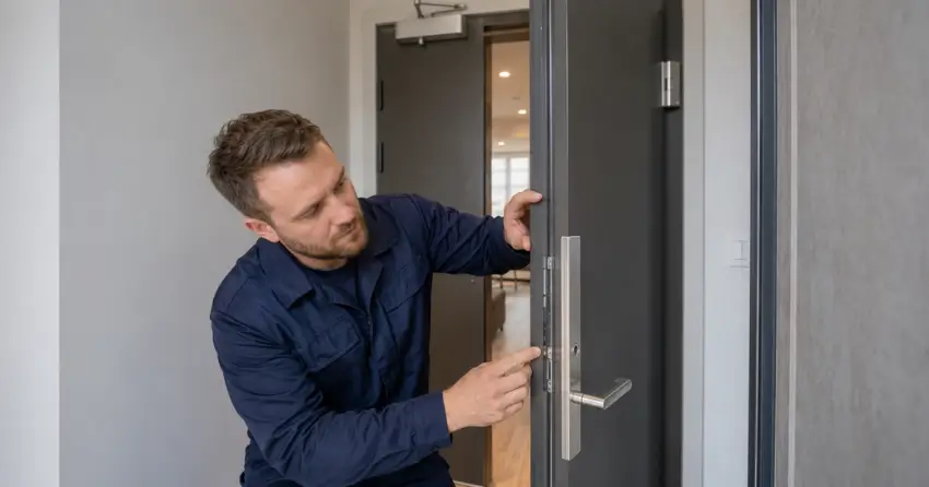 technician inspecting fire-rated door seal and hardware in Harrison, Milton