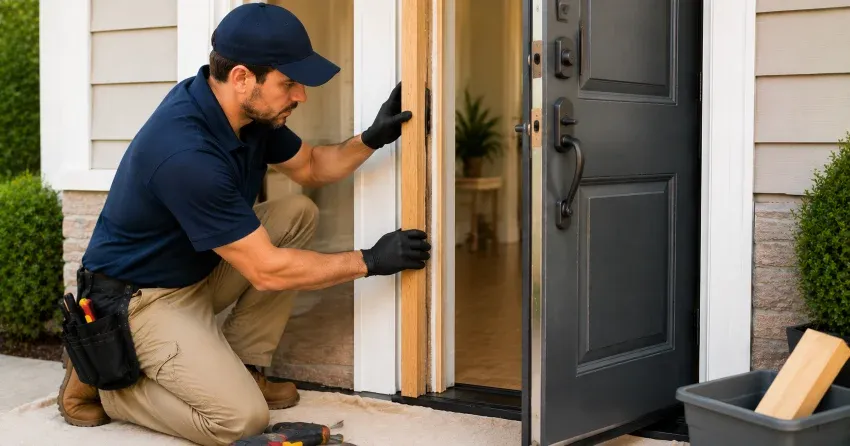technician inspecting damaged door frame corner in Boyne, Milton