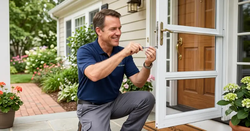 technician adjusting storm door hinge and closer in Milton